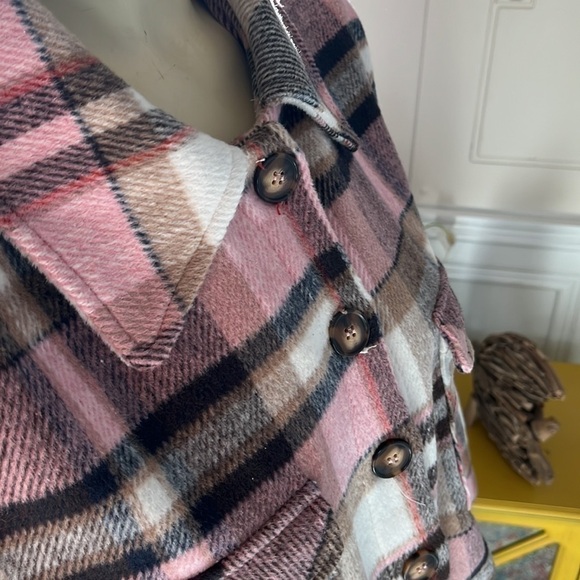 hyfve Pink Cream Tan Black Plaid Cropped Button Down Jacket L - Picture 7 of 11